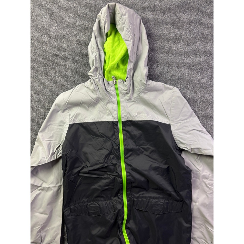 Columbia Windbreaker Jacket Kids Large 14/16 Grey Black Neon Green Fleece Lined